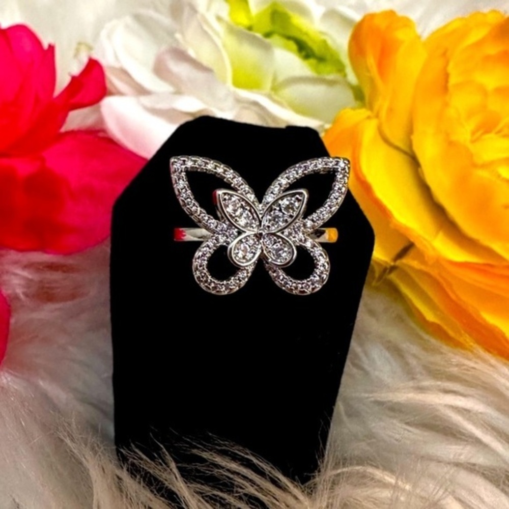 Butterfly Silver and Micro Pave Diamond Accent  Gemstone Ring NEW!